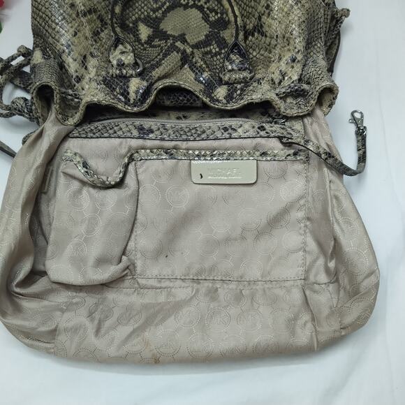 Michael Kors Gray Leather Python Embossed Pushlock Drawstring Satchel Bag - Picture 11 of 16